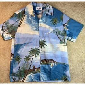 Vintage Kai Nani Hawaii Hawaiian Sail Button Down Shirt VTG Large L Blue